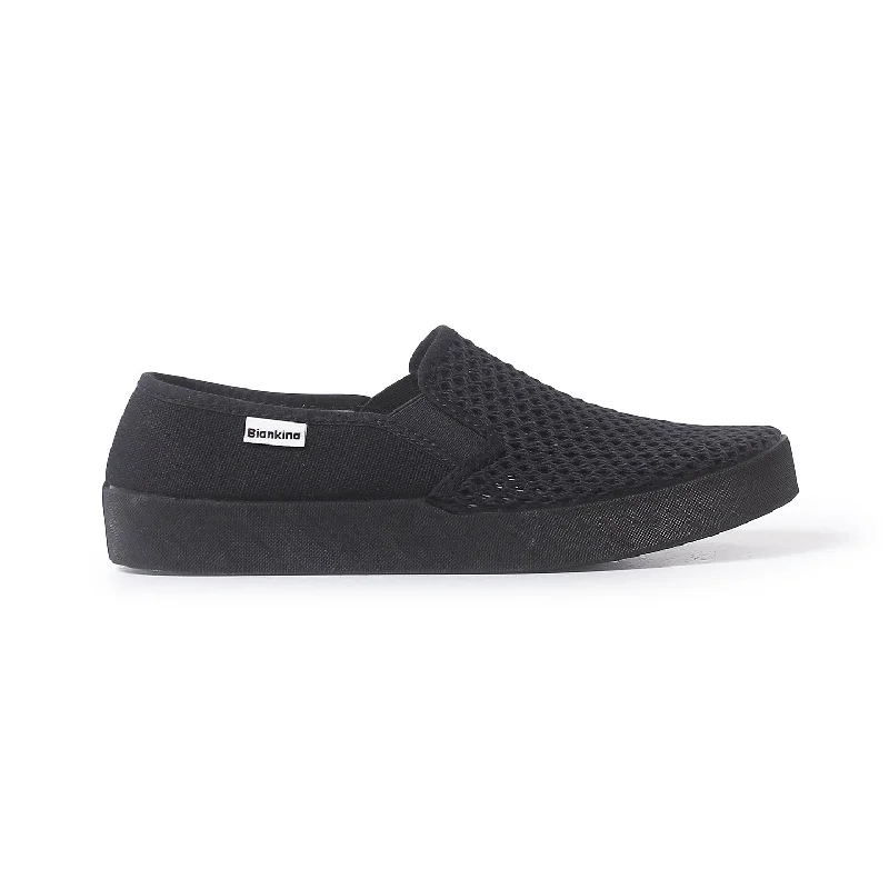 Barcelona Breathable Mesh Cotton Canvas Slip Ons - Black