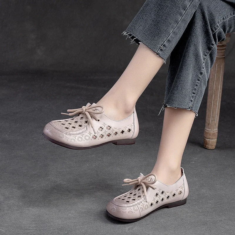 Women Summer Hollow Soft Leather Flat Casual Shoes