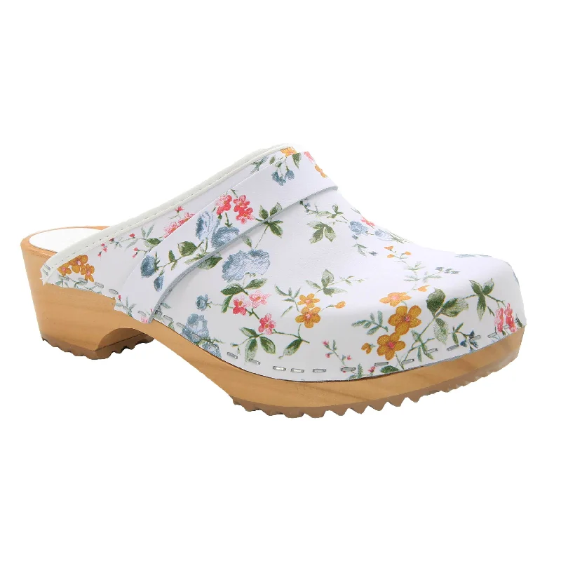 BJORK Linnea Wood Open Back Flower Print Leather Clogs - FACTORY SECOND