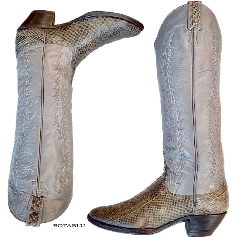 LARRY MAHAN Vintage Snakeskin Gray Leather Tall Knee High Cowboy Western Boots