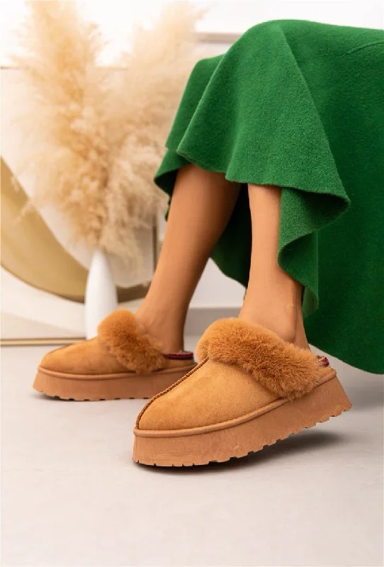 ULTRA MINI PLATFORM FLUFFY FURR ANKLE SLIPPERS IN CAMEL