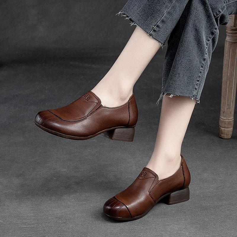 Women Retro Leather Chunky Heel Casual Shoes