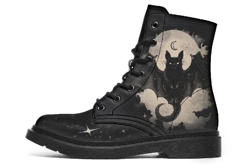 Moonlit Bat Boots - Vegan Leather Doc-Style Boots with Durable Stitched on Soles