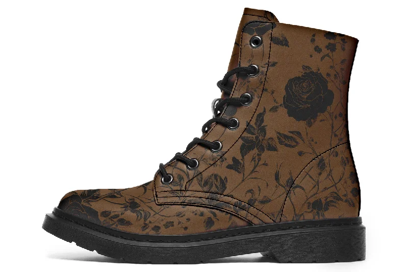 Sepia Rose Romance Boots - Vegan Leather Doc-Style Boots with Durable Stitched on Soles