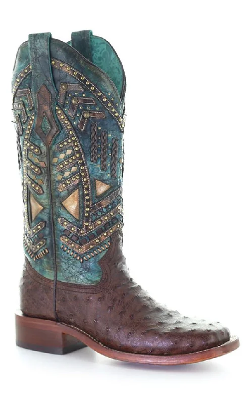 Corral Women’s Brown & Turquoise Ostrich with Overlay/ Embroidery /Studs Woven Boot