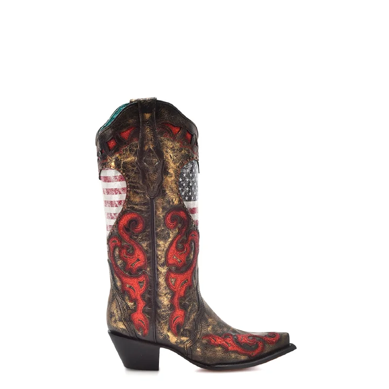 Corral Womens Heart Shaped US Flag Black Cowhide 13in Cowboy Boots