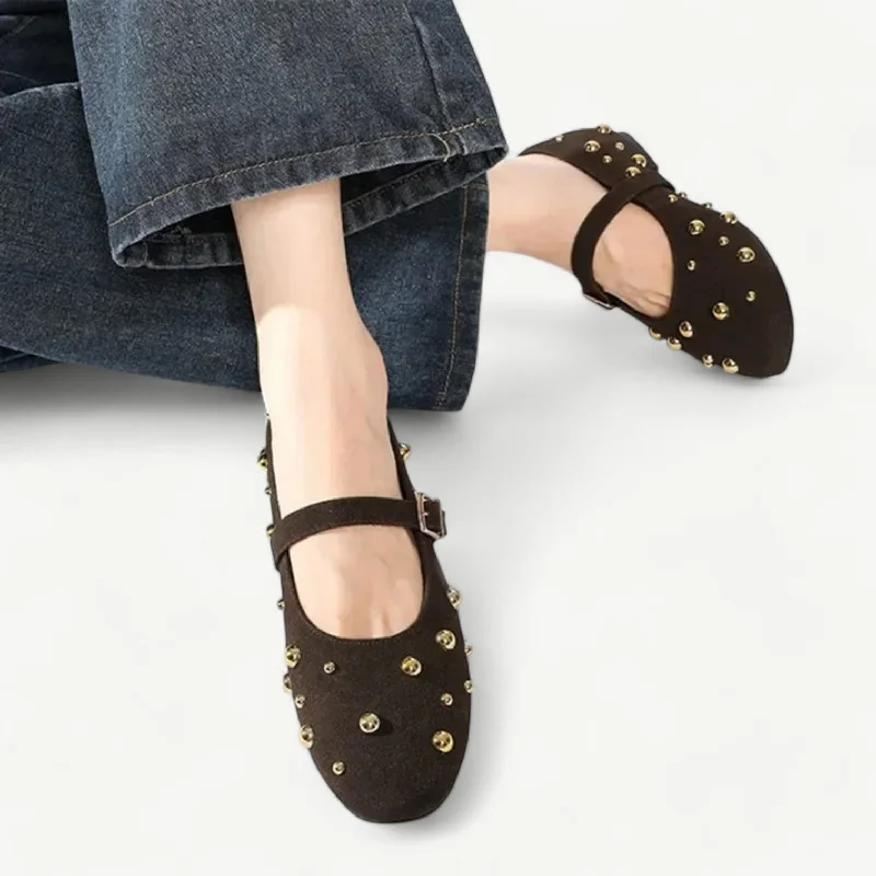 Coffee mary jane ballet flats with gold rhinestones - N°36