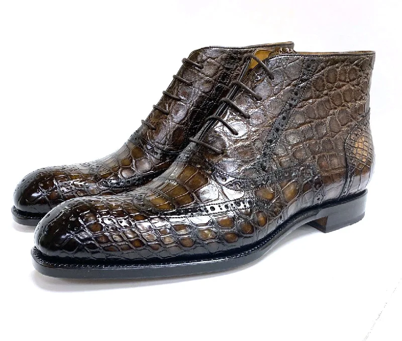 Burnished Alligator Lace-Up Wingtip Boot Brown