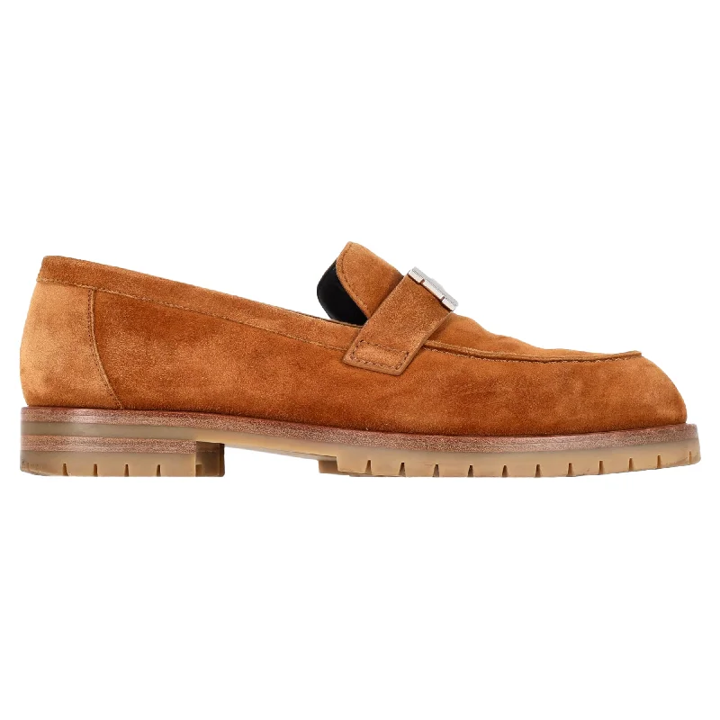 Hermès Logo Plague Faubourg Loafers in Brown Goat Suede