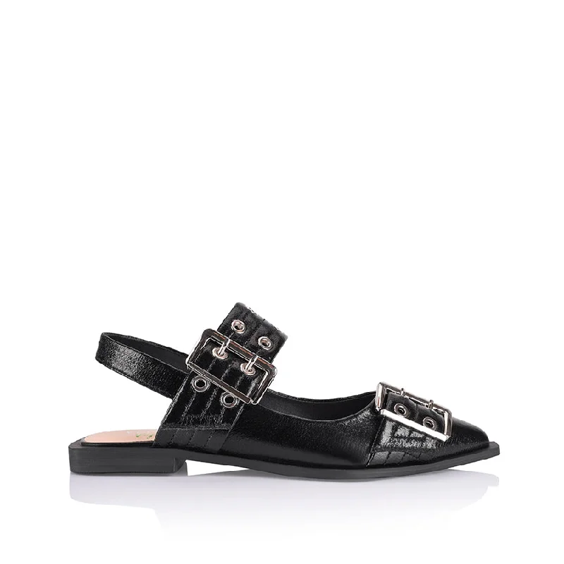 Clea Slingback Buckle Flats - Black Crinkle