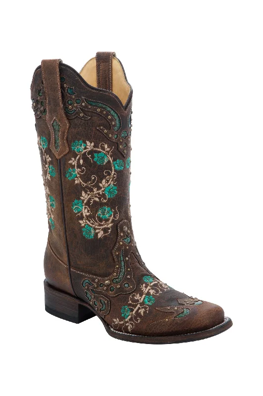 Circle G Urban Ladies Studs Brown Cowhide Leather Cowgirl Boots