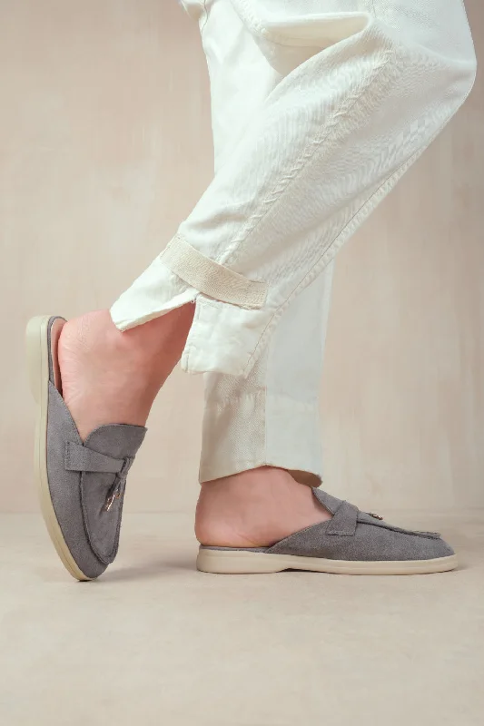 TWILIGHT FLAT SLIP ON LOAFER WITH TASSEL DETAIL IN GREY SUEDE