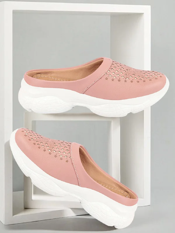 Women Peach Laser Cut Design Stitched Back Open Slip-On Mules Shoes