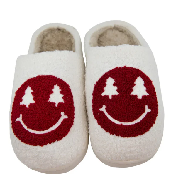 Red Christmas Tree Eyes Happy Face Slippers