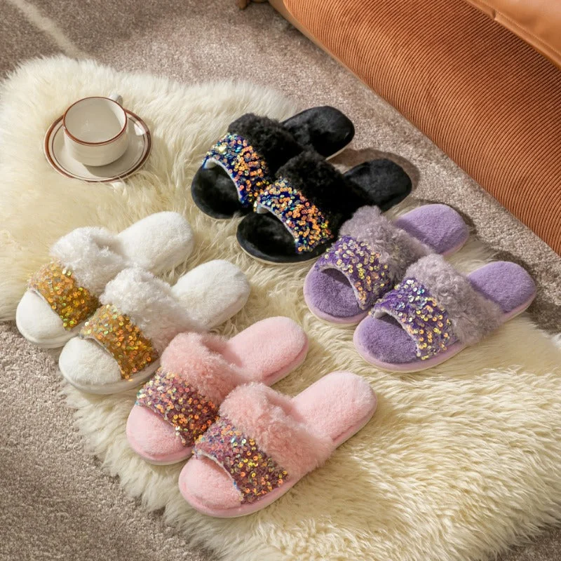 Wholesale Sequin Fashion Plush Home Indoor Fur Slippers